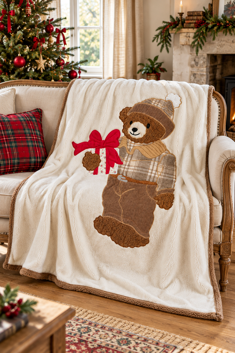 Plaid natalizio Sherpa con orsetto 140×170 – Blanc Mariclò