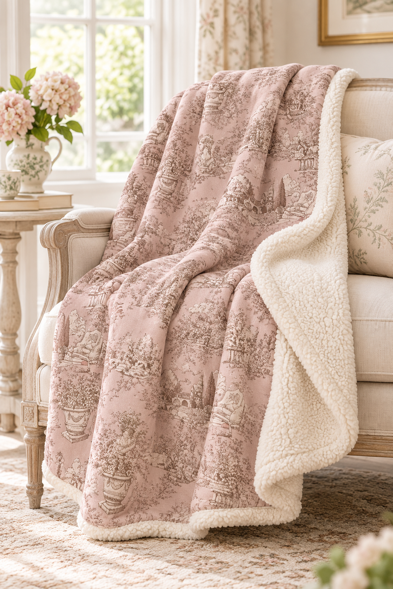 Plaid Sherpa rosa 170 X 140 cm Toile de Jouy con borsa coordinata - Blanc Mariclò