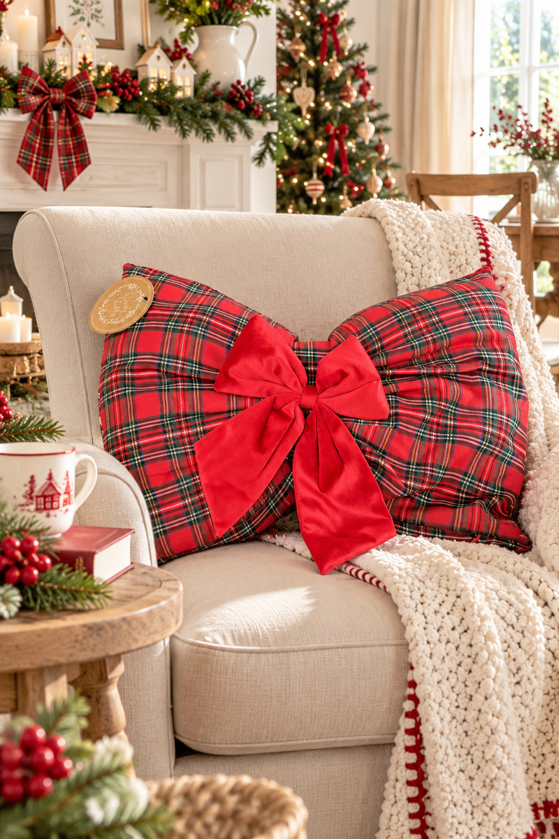 Cuscino Fiocco Tartan 45 cm con Fiocco in Velluto LOVELY SHABBY