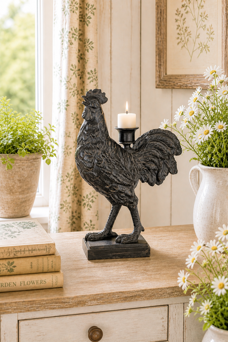 Portacandela Gallo in Ferro 32cm Stile Country