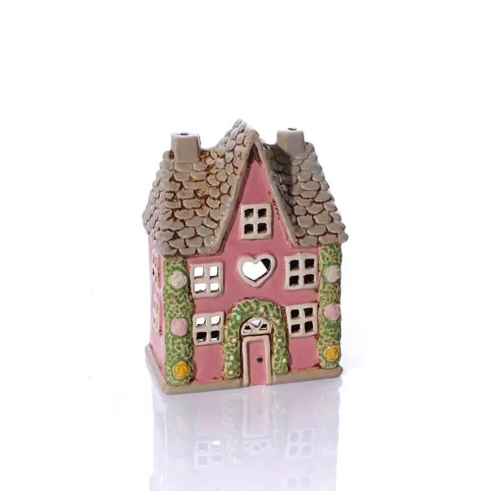Casetta Portacandela Cottage con Ghirlanda di Rose in Gres