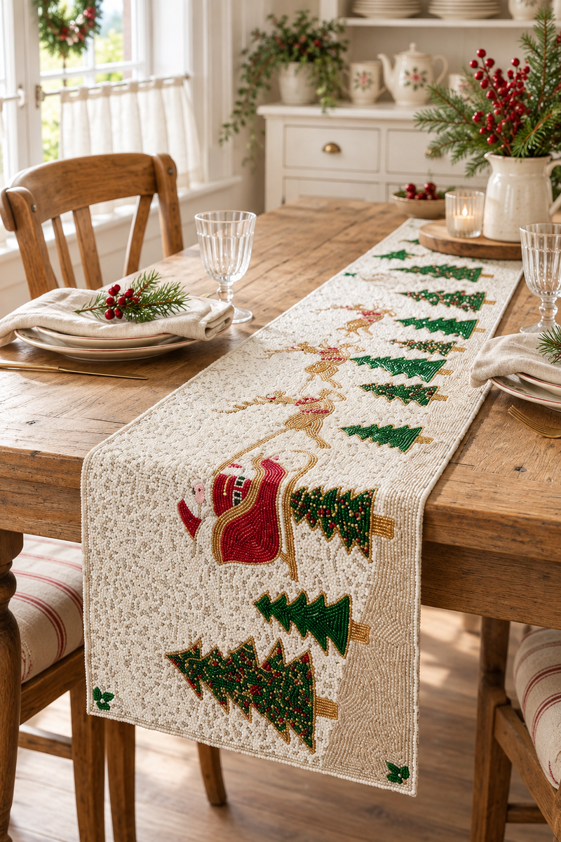 Runner natalizio con perline e slitta 33×91 cm – Blanc Mariclò