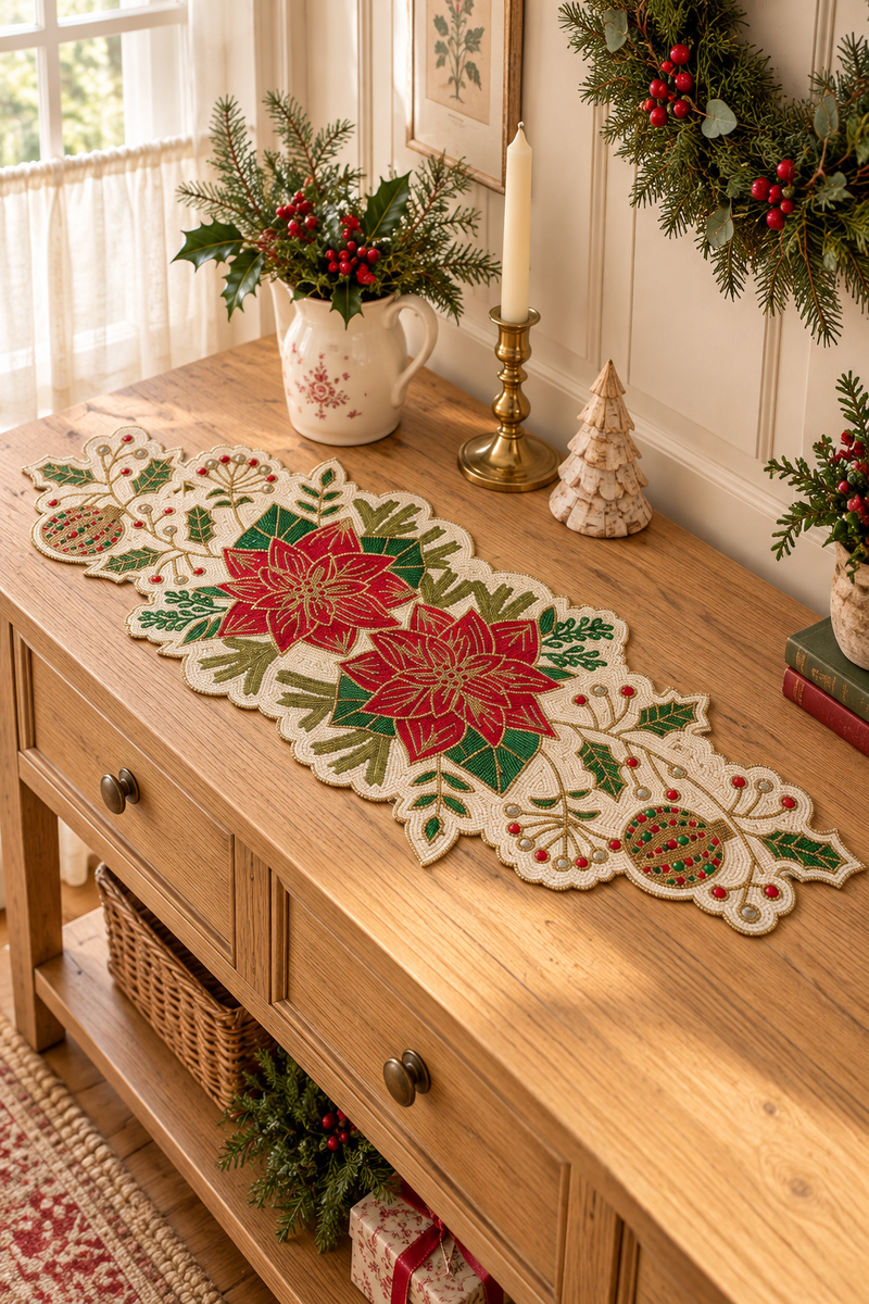 Runner ricamato Perline di Natale 33×91 cm – Blanc Mariclò
