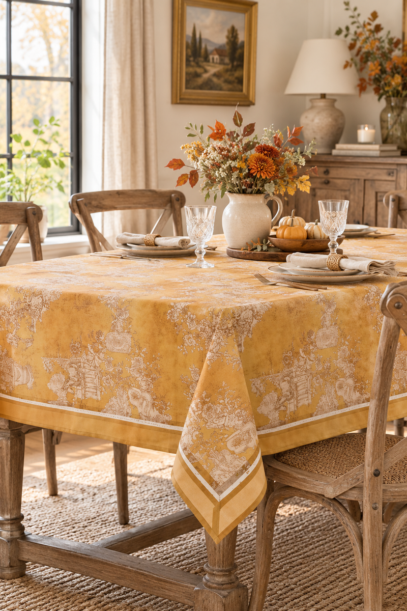 Tovaglia senape con fantasia Toile de Jouy - Blanc Mariclò