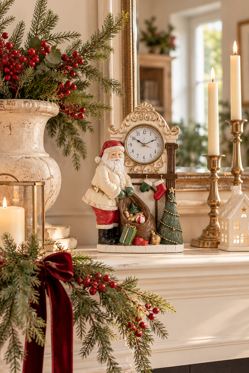 Babbo Natale decorativo con orologio beige 15x7x H22 cm