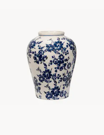 Vaso in ceramica bianco e blu con motivo floreale