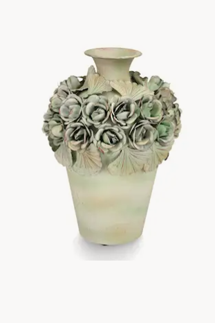 Vaso decorativo verde con rose in rilievo 30 cm