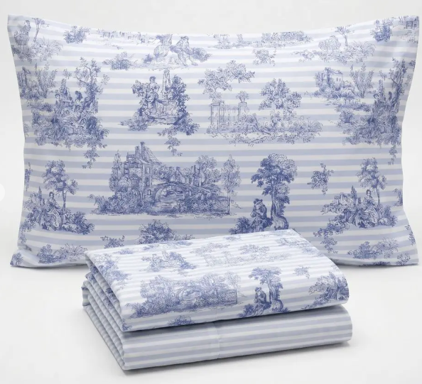 Completo Lenzuola Matrimoniale Toile de Jouy Blu in Cotone