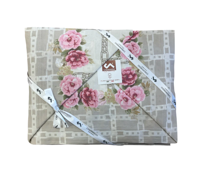 Completo Lenzuola Matrimoniale Chains of Roses Beige in Cotone