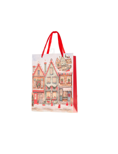 Borsa regalo natalizia con villaggio illustrato e manici rossi 18x24cm