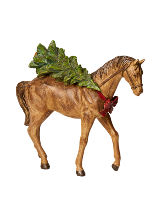 Cavallo Decorativo Natalizio in Resina con Albero