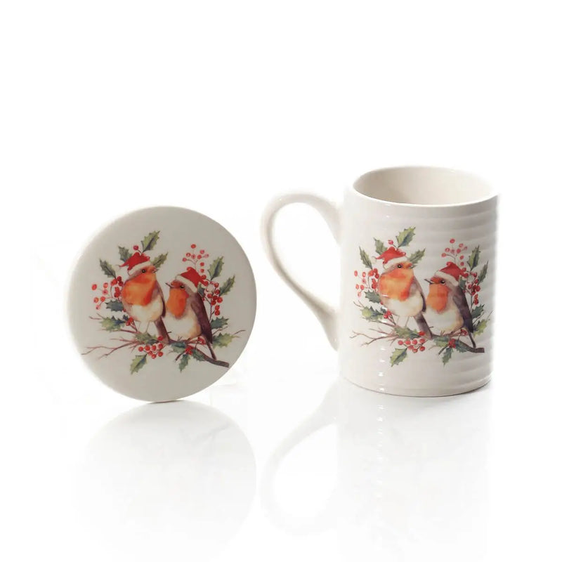 Set Tazza Natalizia con Sottobicchiere e Pettirossi in Ceramica