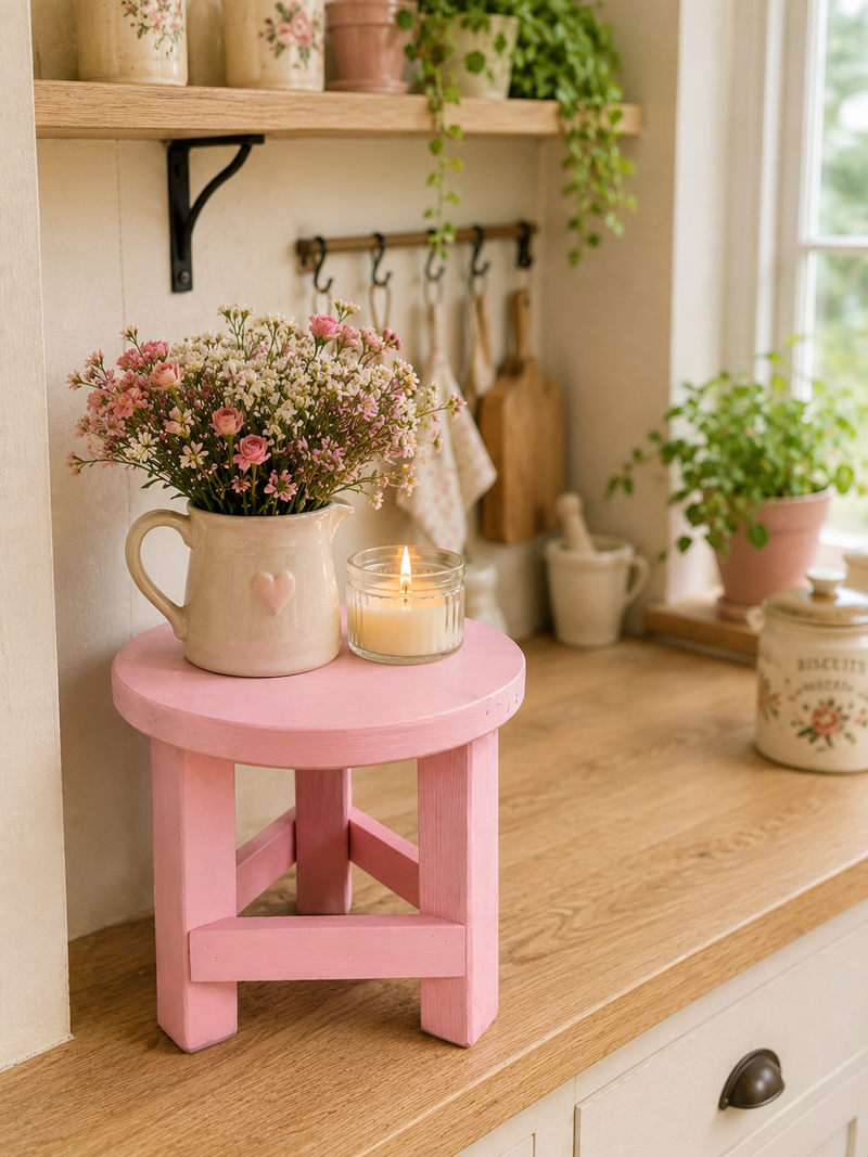 Sgabellino in legno riciclato rosa chiaro
