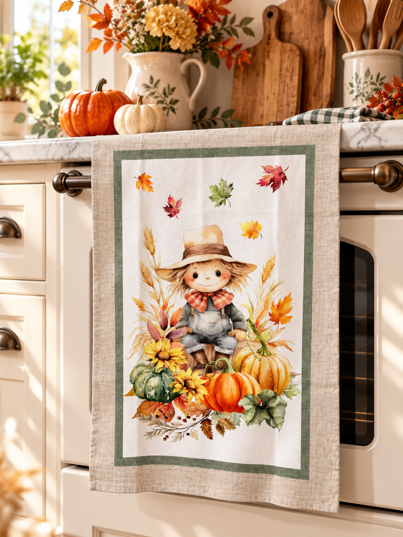 Strofinaccio Autunnale con Spaventapasseri e Zucche 50x70 cm