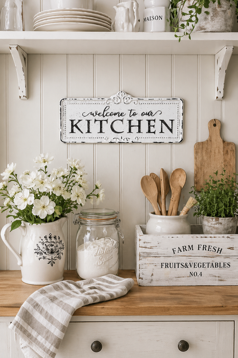 Targa “Welcome to our Kitchen” in Ferro Anticato 54 cm