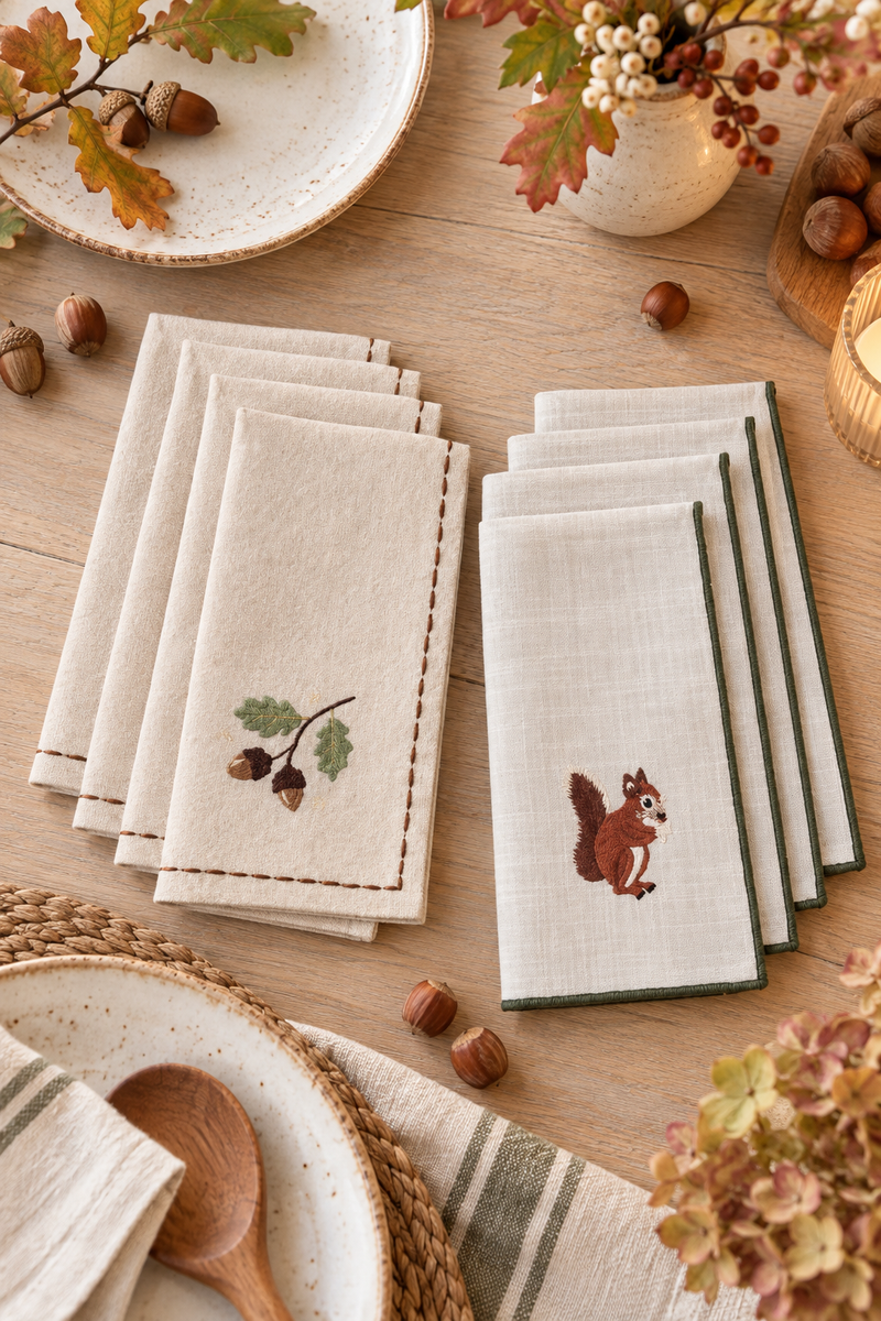 Set 4 tovaglioli autunnali con scoiattoli e ghiande - Blanc Mariclò