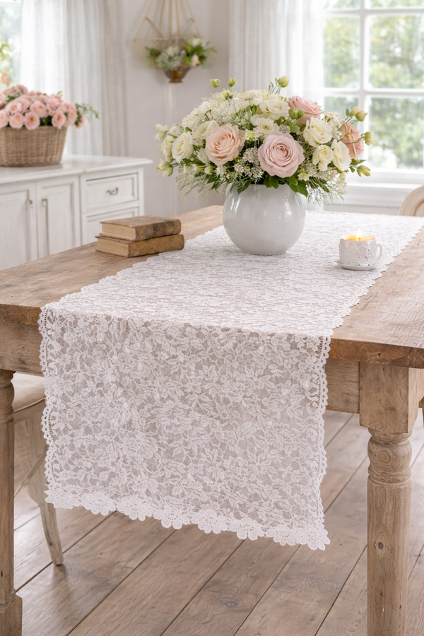 Runner Tavola in Pizzo Floreale con Roselline Blanc Mariclo