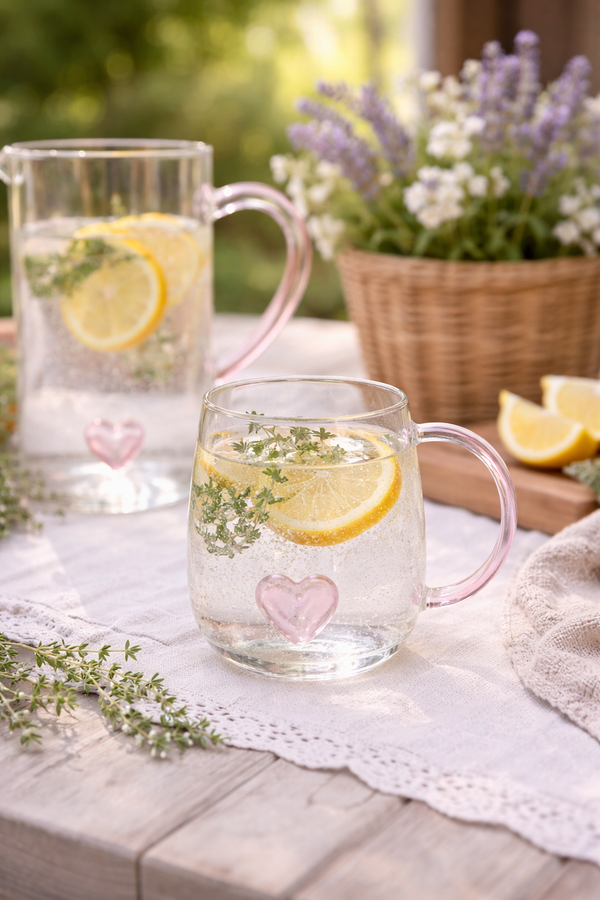 Tazza in vetro borosilicato con cuore rosa 400 ml Nuvole di Stoffa