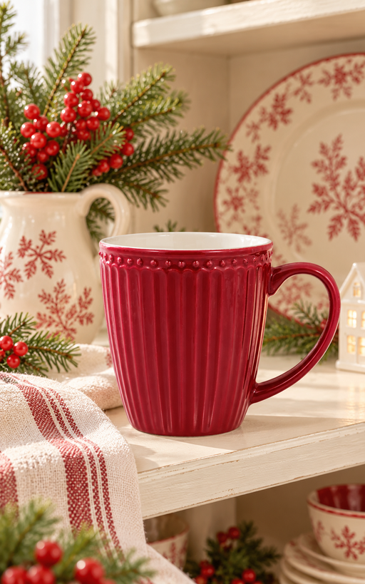 Tazza mug GreenGate Alice Claret Red in ceramica rosso bordeaux, con lavorazione a rilievo, ambientata in cucina natalizia stile cottage.