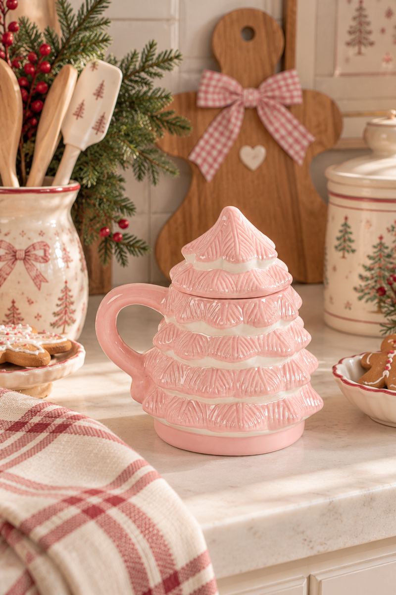 Tazza Natalizia Albero di Natale Rosa con Coperchio 520 ml