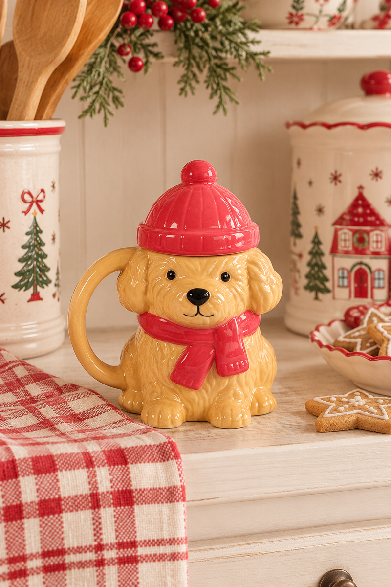 Tazza Natalizia Puppy Rossa con Coperchio 480 ml