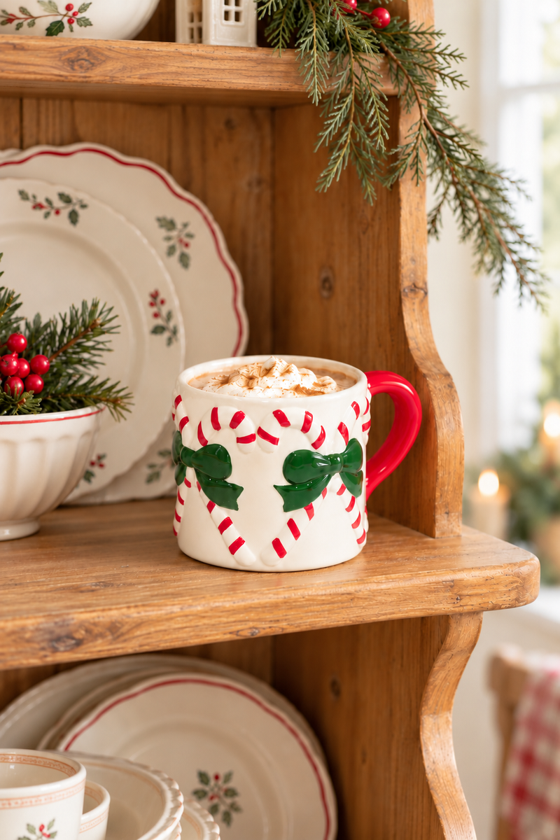 Tazza natalizia in ceramica con fiocchi e Candy Cane 13,7 x 10,4 x H 8,9 cm