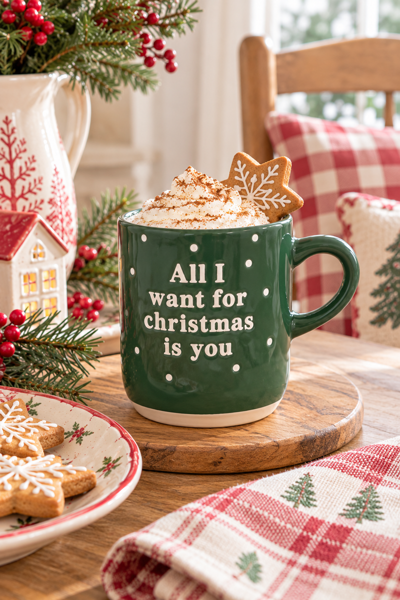 Tazza Natalizia Verde “All I Want for Christmas Is You” H 9,5 cm