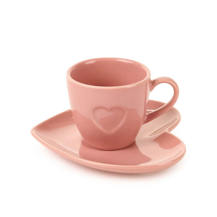 Tasse à café avec soucoupe en tissu rose avec cœur et nuages