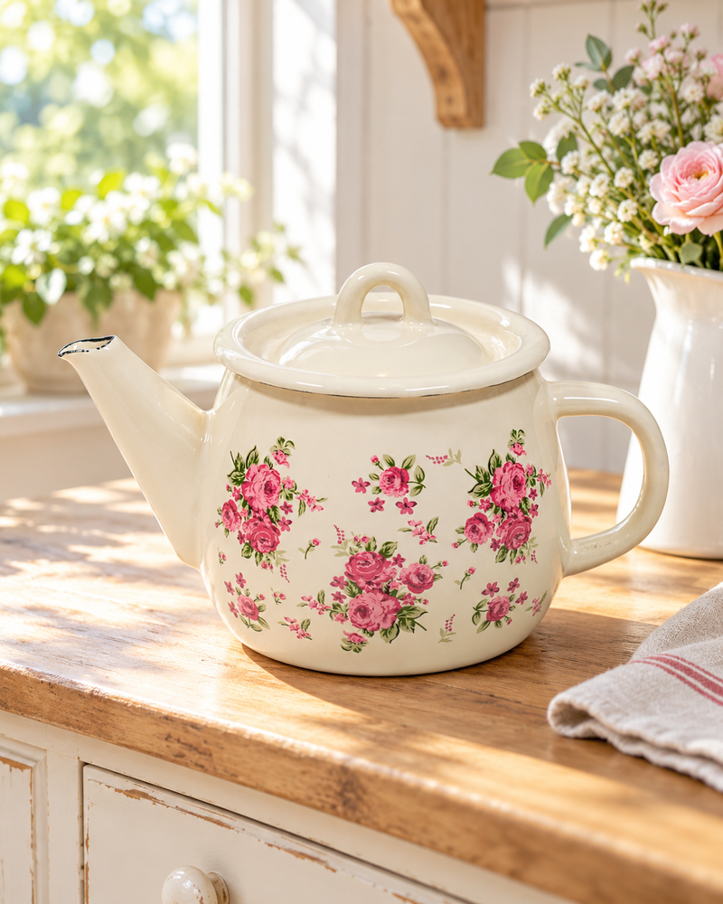 Teiera Smaltata Bella 1 L Isabelle Rose con Rose Rosa