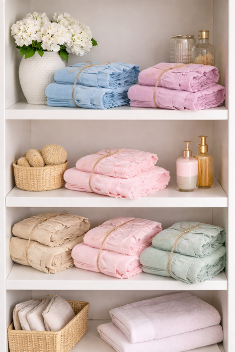 Coppia Asciugamani in Cotone Morbido con Volant  Nuvole di Stoffa