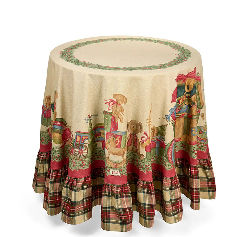 Tovaglia Rotonda Natalizia Vintage Toys Nuvole di Stoffa con Balza Tartan – Ø 200 cm