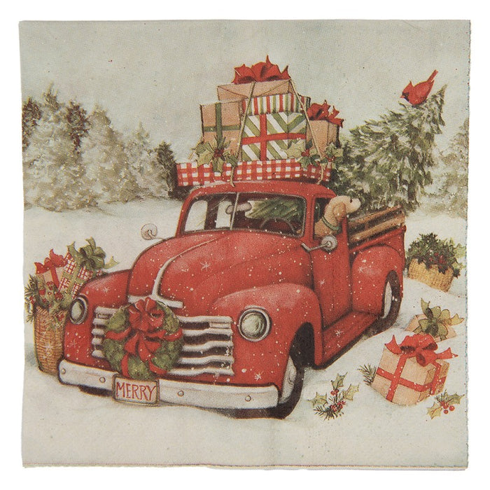Tovaglioli di Carta Natalizi 33x33 cm con Camioncino Rosso Vintage | Set da 20 | Clayre & Eef