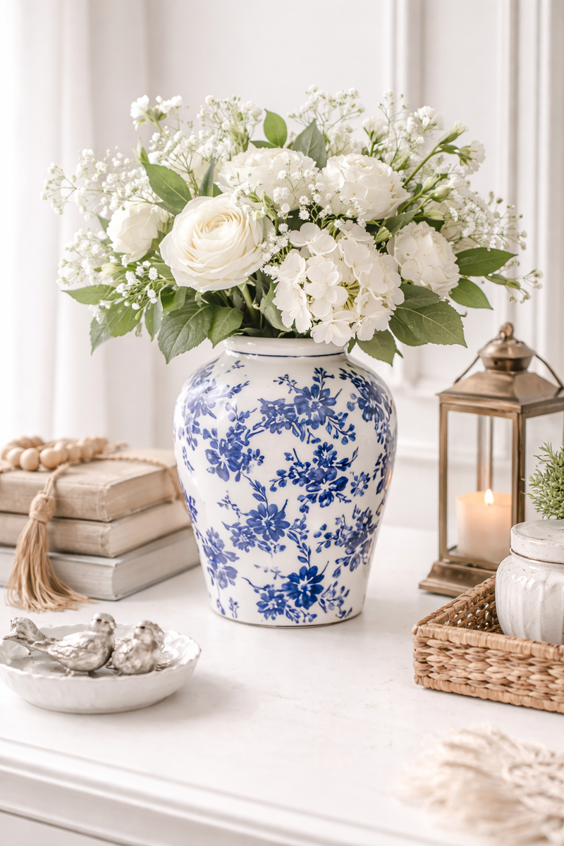 Vaso in ceramica bianco e blu con motivo floreale