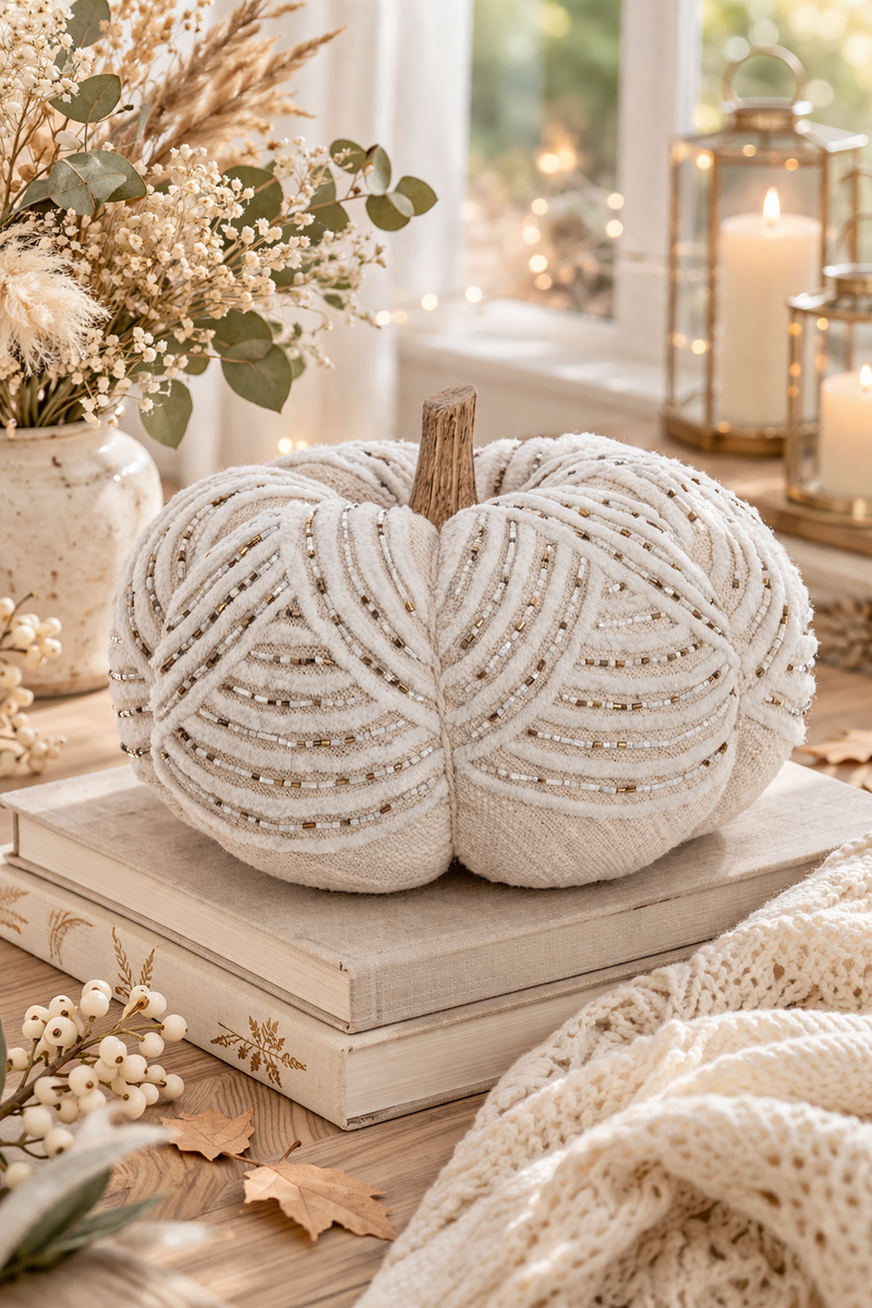 Zucca Decorativa con Perline Oro e Avorio 24x24x14 cm Blanc Mariclò