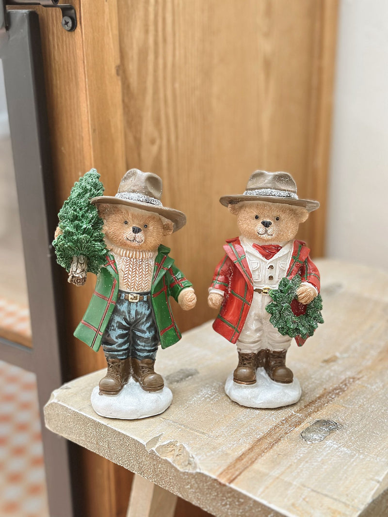 Set 2 Orsetti Natalizi Decorativi con Cappello e Abiti Country
