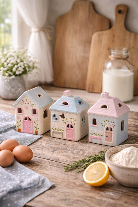 Set di 3 mini case in ceramica Country con luce led 10 cm Isabelle Rose