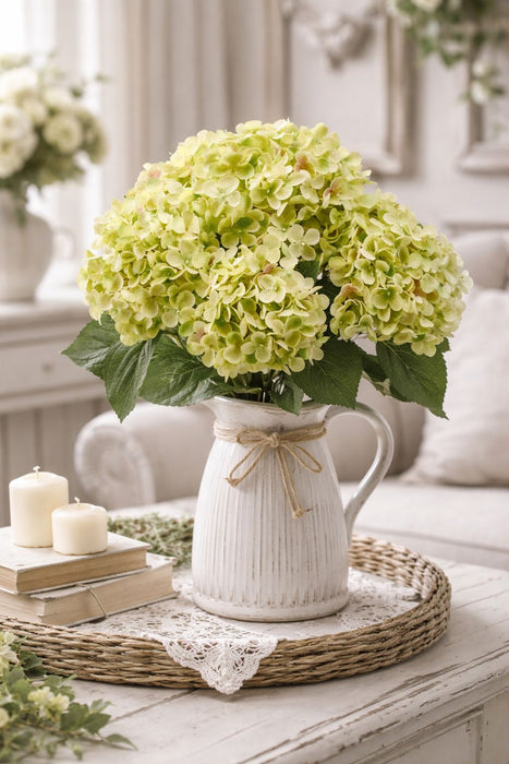 Mazzo di Ortensie artificiali verde EDG – 5 fiori con foglie altezza 45 cm