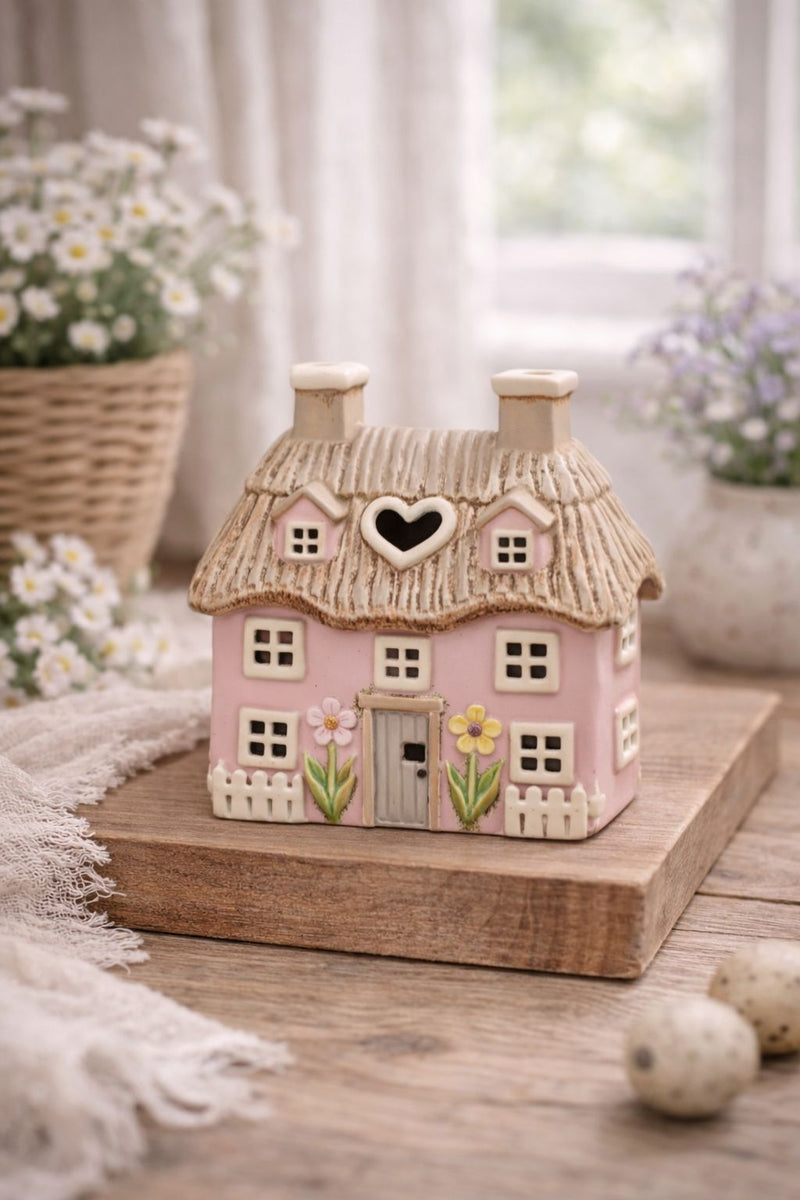 Casetta Porta Tealight Cottage Rosa in Ceramica