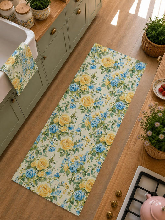 Tappeto in Vinile Su Misura Made in Italy “Blue & Gold Roses”