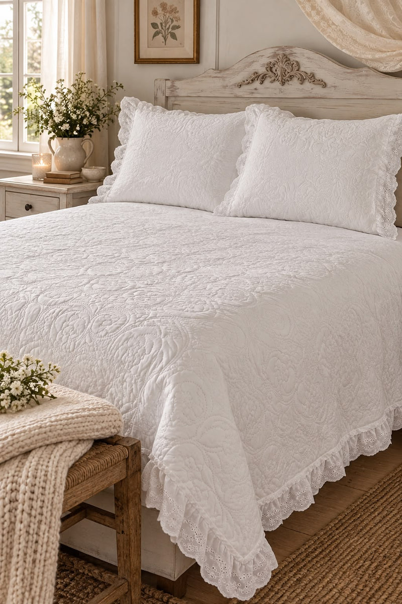 Trapuntino Matrimoniale Olimpia Bianco con Pizzo Sangallo + 2 Copricuscini – Lovely Shabby
