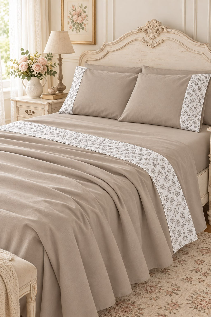 Completo Lenzuola Matrimoniale Tortora con Balza a Fiorellini Lovely Shabby