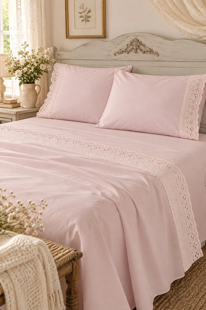 Completo Lenzuola Matrimoniale Aurora Cipria con Pizzo Sangallo – Lovely Shabby