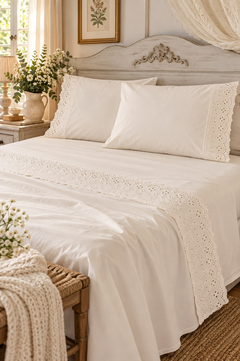 Completo Lenzuola Matrimoniale Aurora Avorio con Pizzo Sangallo – Lovely Shabby
