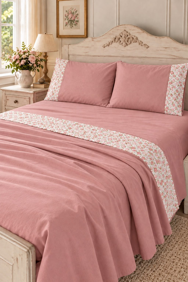 Completo Lenzuola Matrimoniale Rosa Antico con Balza a Fiorellini Lovely Shabby
