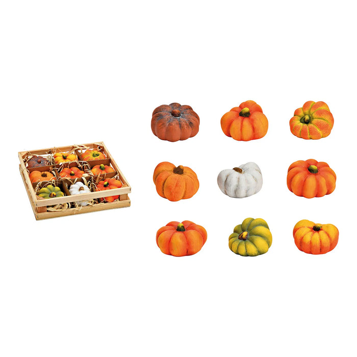 Set of 9 pumpkins in wooden box