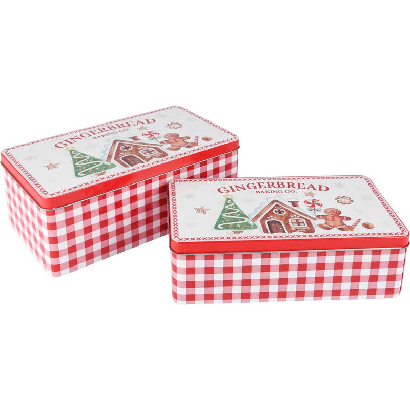 Set 2 Scatole Natalizie in Latta Gingerbread a Quadretti Rossi