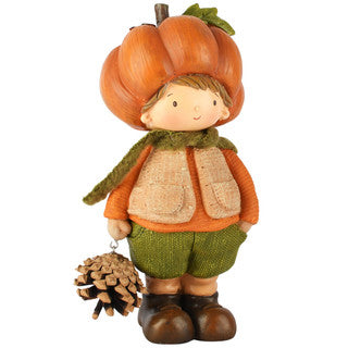 Statua bambino con cappello a zucca in poliresina 11x9x19cm