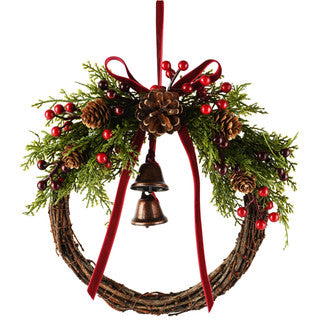 Ghirlanda natalizia con bacche rosse e campanelli 23x7x25cm