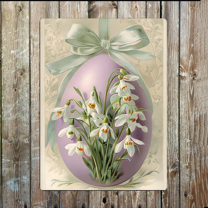 Targa in Metallo Vintage Uovo di Pasqua Lavanda e Bucaneve
