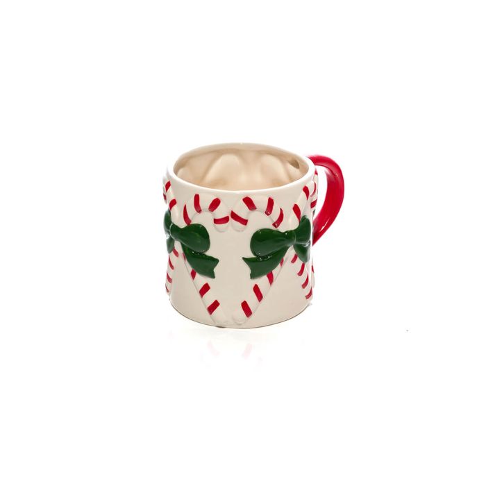 Tazza natalizia in ceramica con fiocchi e Candy Cane 13,7 x 10,4 x H 8,9 cm